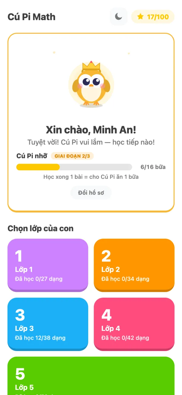 Màn hình chính: lời chào bé, Cú Pi đang nuôi và các lớp 1 đến 4
