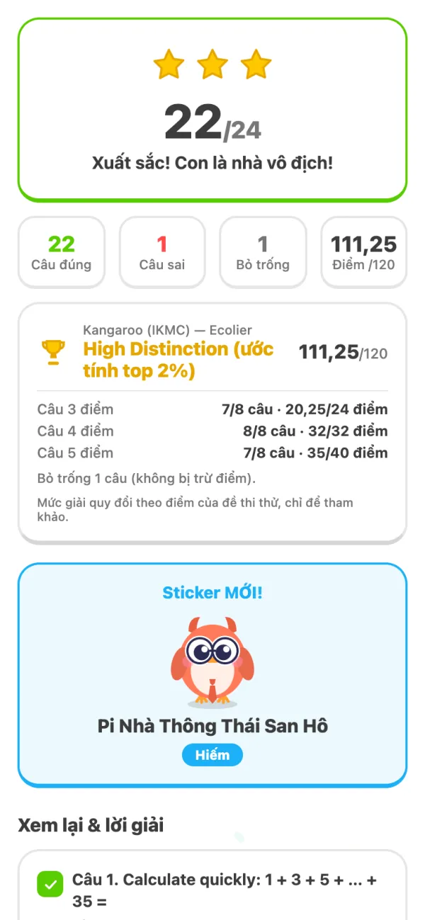 Kết quả thi thử Kangaroo: 22 trên 24 câu đúng, 111,25 trên 120 điểm, mức High Distinction ước tính
