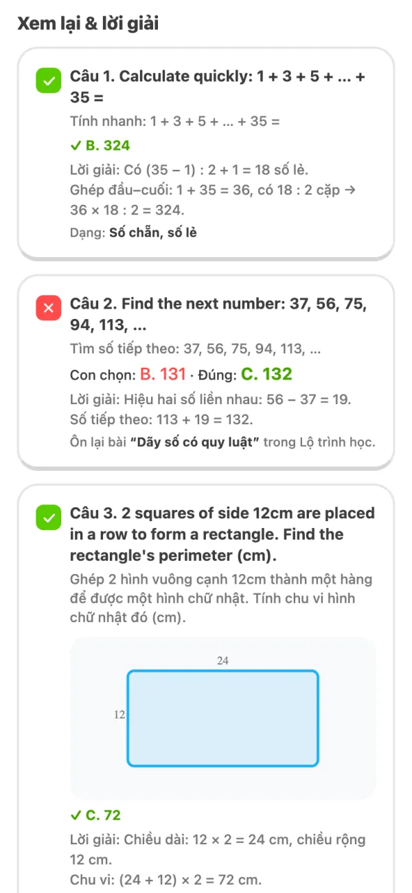 Xem lại bài thi: câu sai hiện đáp án con chọn, đáp án đúng, lời giải và gợi ý ôn lại bài Toán có lời văn